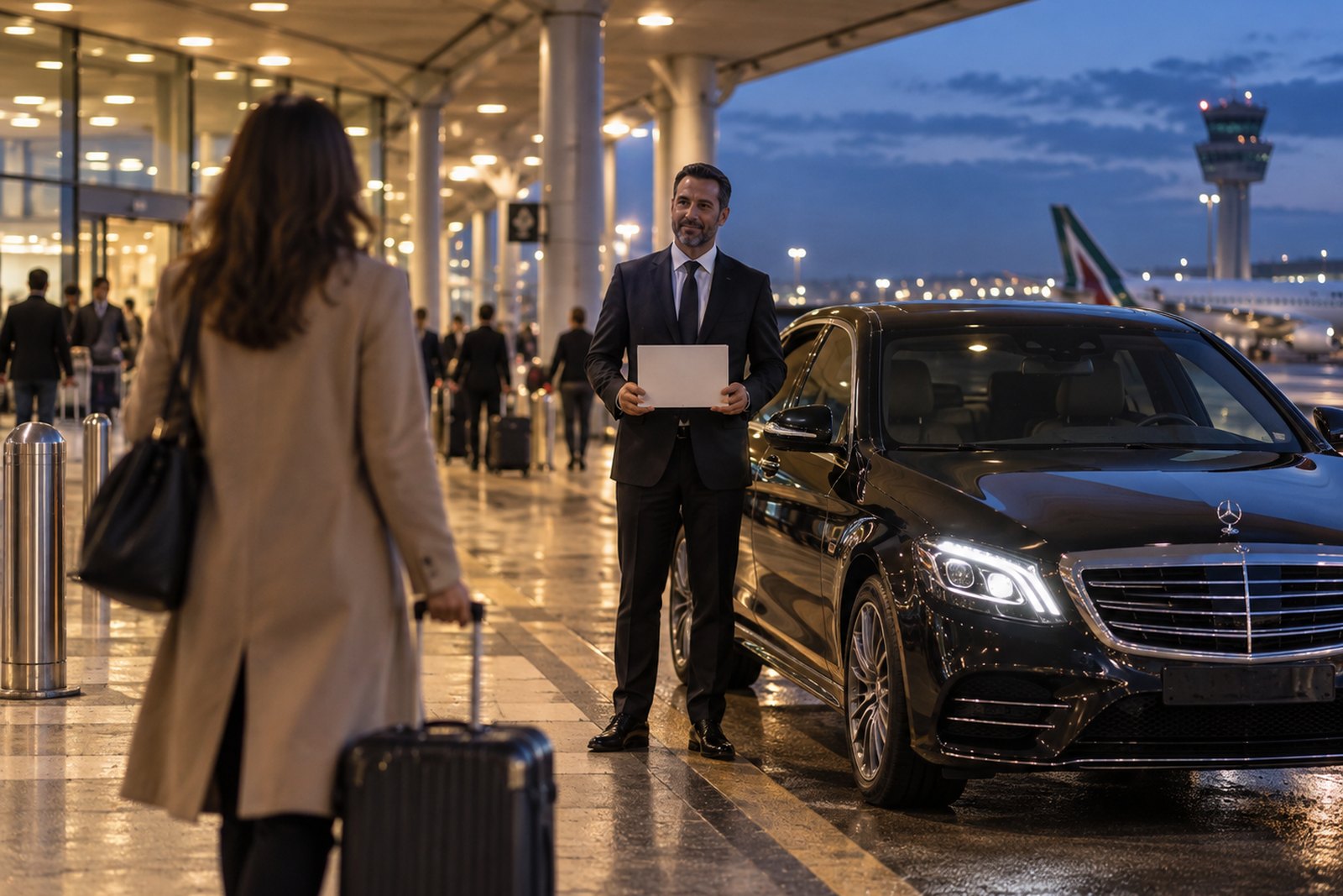 De rit en de aankomst in de terminal van Bergamo Orio al Serio